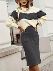High Neck Pullover Skirt Split Two-Piece Color Block Contrast Thick Long Sleeve Sweater Set, Winter Wardrobe, Elegant Style, Color Block Design, Thick Fabric, Pullover Top, Long Sleeve Skirt, Women'S Fashion, Office Wear