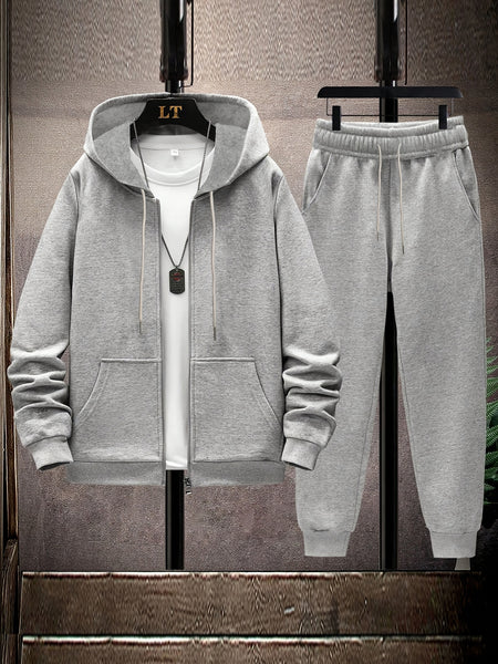 2pcs Men's Solid Color Casual Sports Suit Set, Includes Elastic Waist Drawstring Pants And Jacket for Travel, Leisure, Outdoor Camping