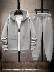2pcs Men's Solid Color Casual Sports Suit Set, Includes Elastic Waist Drawstring Pants And Jacket for Travel, Leisure, Outdoor Camping