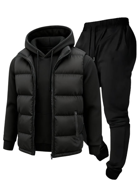 3pcs Vest Casual Set for Men Men's Casual Cartoon Drawstring Pocket Hoodie and Sports Drawstring Trousers Matching Set