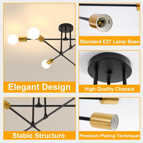 6-Light Modern Gold Sputnik Chandelier, Industrial Semi Flush Mount Ceiling Light Fixture, E27 Hardwired Metal Lamp for Living Room Dining Room