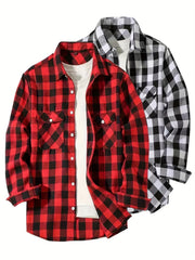 3 Men'S Plaid Shirt Top Lapel Long Sleeve Closure Men'S Casual Shirt Suitable for Men'S Daily Holiday Street Wear Casual Plaid Shirt Four Seasons Fashion Comfortable Fit Red, Blue And Black 3-Color Combination Pc Button Collar Chest Pocket