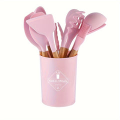 Silicone Kitchen Utensils Set with Holder 12pcs Cooking Utensils Set with Wooden Handle Heat Resistant Kitchen Gadgets Utensil Set Kitchen Additions