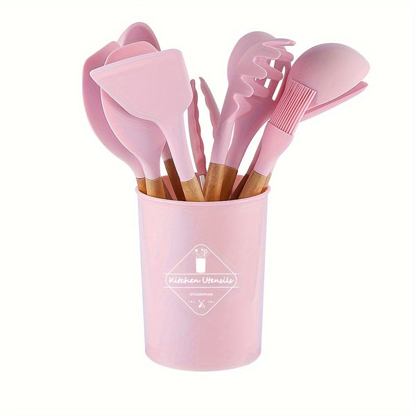 Silicone Kitchen Utensils Set with Holder 12pcs Cooking Utensils Set with Wooden Handle Heat Resistant Kitchen Gadgets Utensil Set Kitchen Additions