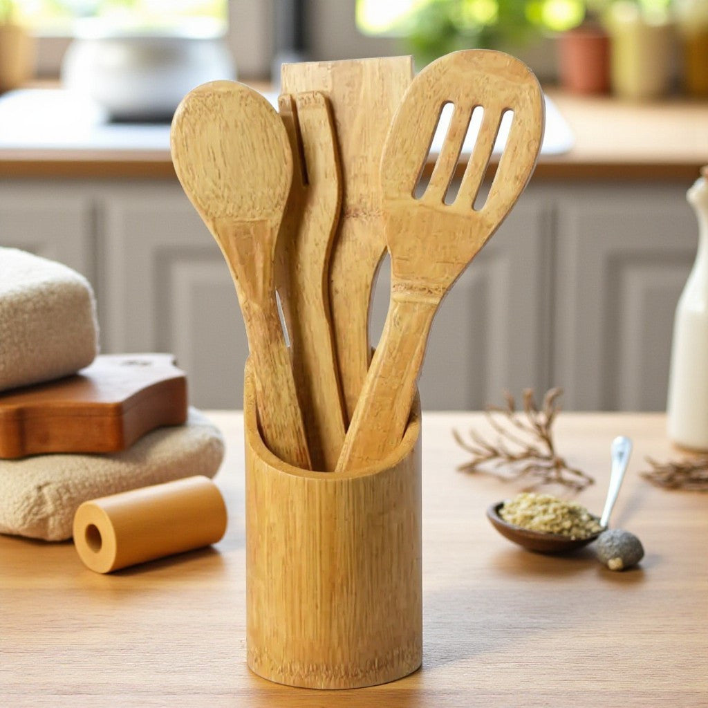Set of 5pcs Wooden Kitchen Utensil Set | Natural Bamboo Cooking Spoons & Spatulas | Non-Stick Kitchen Tools | Perfect Gift for Home Cooks