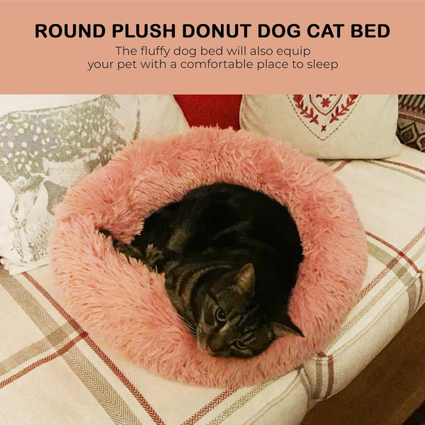 40/50/60/70cm Round Plush Donut Dog/Cat Bed Cuddler Pet Cushion Self-Warming Bed Washable Dog Bed with Non-Slip and Waterproof Bottom Calming Dog Bed