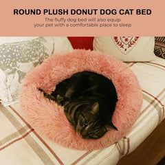 40/50/60/70cm Round Plush Donut Dog/Cat Bed Cuddler Pet Cushion Self-Warming Bed Washable Dog Bed with Non-Slip and Waterproof Bottom Calming Dog Bed