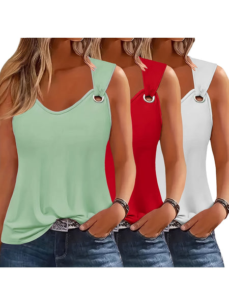 Three-Pack Women's Tank Tops Summer Sleeveless Loose Fit Eyelet Neck Solid Color Basic Shirts