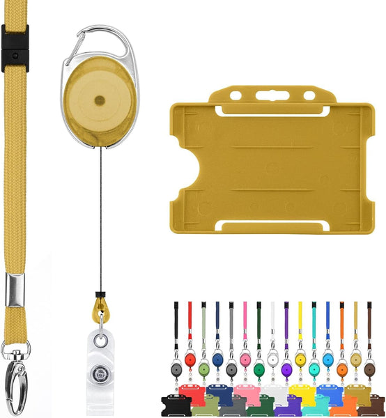 Retractable Lanyard and Badge Holder Trio Triple Pack by Lanyardstomorrow - Set Includes a Single Plain Lanyard, Extendable Carabiner Yoyo Reel Clip and Rigid ID Card Holder (Black)