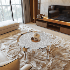LUVODI Large Round Mirrored Coffee Table Beveled Bling Crushed Diamond End Table for Living Room, Bedroom, Office Decor