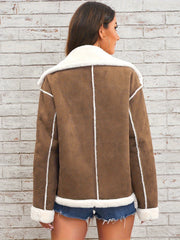 Women's Elegant Lapel Collar Plush Jacket with White Fur-Like Trim - Winter Warm Coat, Structured Fit Front Button Closure, Hand Washable Outerwear for Daily Travel & Holiday Outfits (Solid Color, Autumn/Winter) - Versatile Casual to Semi-Formal Wear