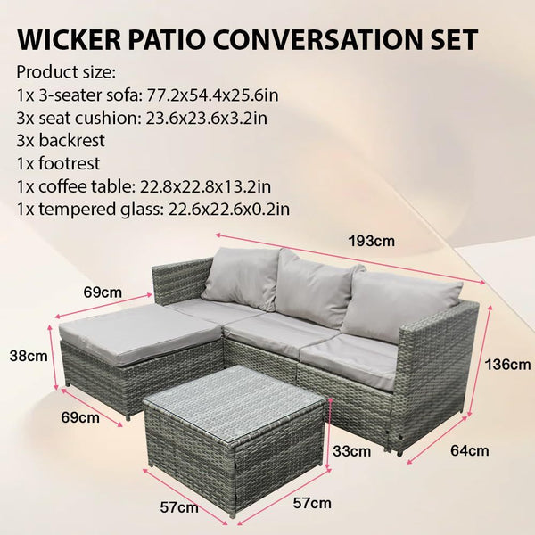 Rattan Garden Furniture 3 Piece Corner Sofa Set PE Wicker Patio Table and Chairs with Cushion