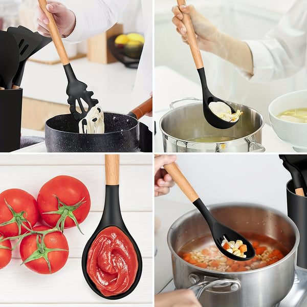 12pcs/22pcs Kitchen Utensils Set, Kitchen Cooking Utensils Set, Spoon, Spatula, 446F Heat Resistant Non Stick Food Grade Silicone And Wooden Handles, Kitchen Tools Set
