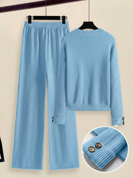 Women's 2pcs Set with Side Stripe| Crewneck Sweater & Relaxed Fit Straight Leg Pants| Soft Loungewear for Spring Autumn | European Casual Y Style