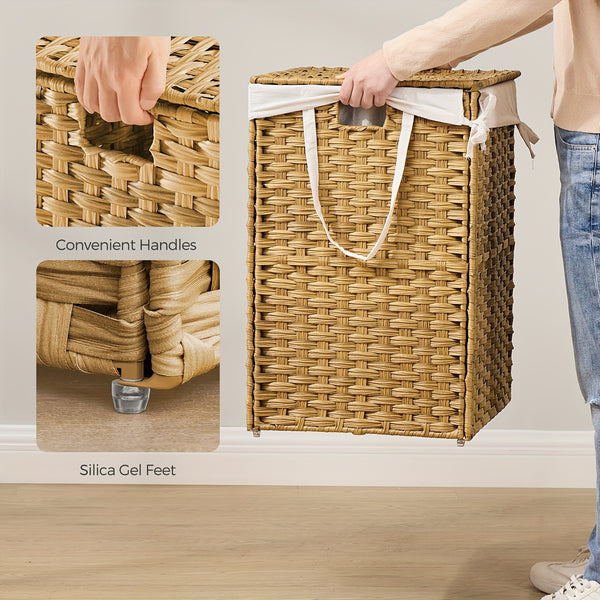 Laundry Basket, 160L Synthetic Rattan Storage Basket with Lid And Handles, Wicker, Foldable, Removable Liners, for Blankets, Clothes, Living Room, Laundry Room, Natural Colour, Laundry Baskets, Living Room Decor, Clothes Hamper, Stylish Organizer