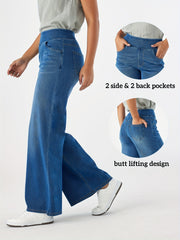 Women'S High-Waist Stretch Denim Wide-Leg Pants with Multiple Pockets, Distressed Vintage Casual Denim Long Pants