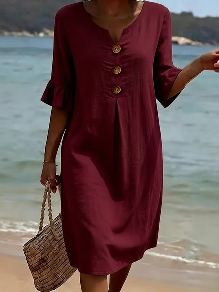 2026 Spring/ Summer New European And American Style V-Neck Big Button Ruffle Sleeve Dress Sexy Temperament Women'S Clothing
