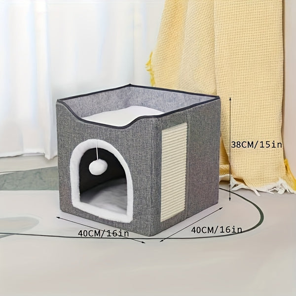 1 Luxury Cat House, Double-Decker Cat Bed with Fluffy Balls And Scratchboards - Foldable, Closed Cat Villa, Suitable for Indoor Cats And Small Dogs, Comfortable All Season, Soft Fabric, Cat House Villa; Modern Cat Bed; Durable Cat Bed, Cat Furniture