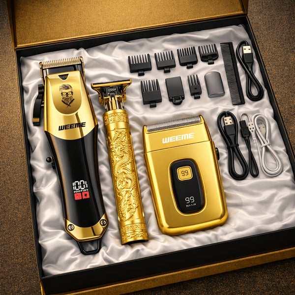 WEEME Golden 3pcs 2pcs 1pc Men's Hair Clipper Set, USB Rechargeable Hair Clippers, Trimmer And Shaver Kit, with Guide Combs & Cleaning Brushes, Grooming Gift Set for Men, Husband, Boyfriend, Dad Valentine's Day Gift