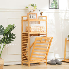 Tilt Out Laundry Hamper, Bamboo Laundry Basket with Foldable Bag and 3 Open Shelves, Freestanding Clothes Storage Organizer for Bedroom, Bathroom, Living Room
