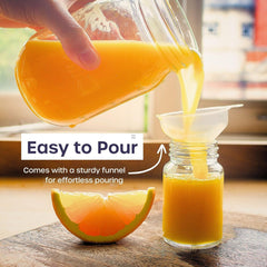 Shot Bottles with Lids - Reusable Glass Shot Bottles with Lids, Funnel, Labels, Shrink Wrap, Cleaning Brush and Extra Foam Insert - Portable and Leakproof