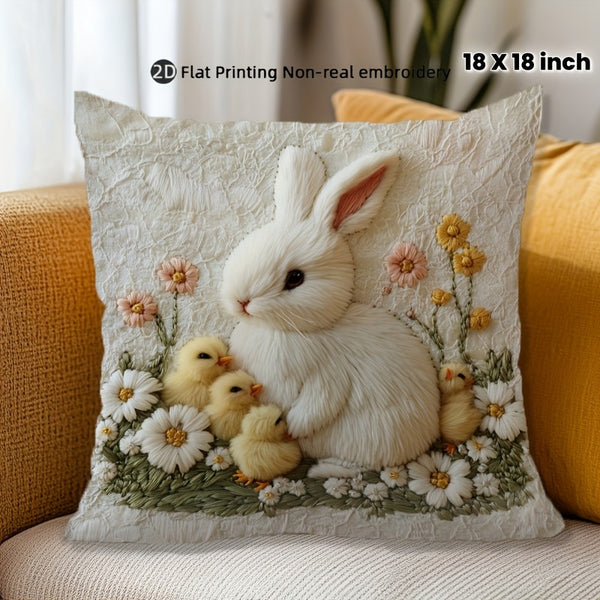 1pcs Pillowcases, Daisy & Chicken & Rabbit Pattern Design - Soft Polyester Zippered Cushion Suitable for Sofa Bed Pillowcases, Easter Decor, 45 X 45cm, (without Pillow Core)