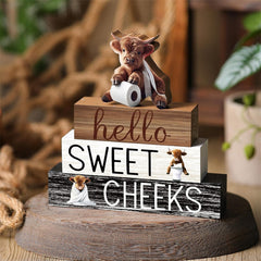 4pcs Wooden Highland (Cattle) Decor - 3 Rustic Scottish Figurines, Animal Blocks for Farmhouse Shelf, Tabletop, or Scottish-Themed Room Décor - Multi- Scottish Cattle Blocks