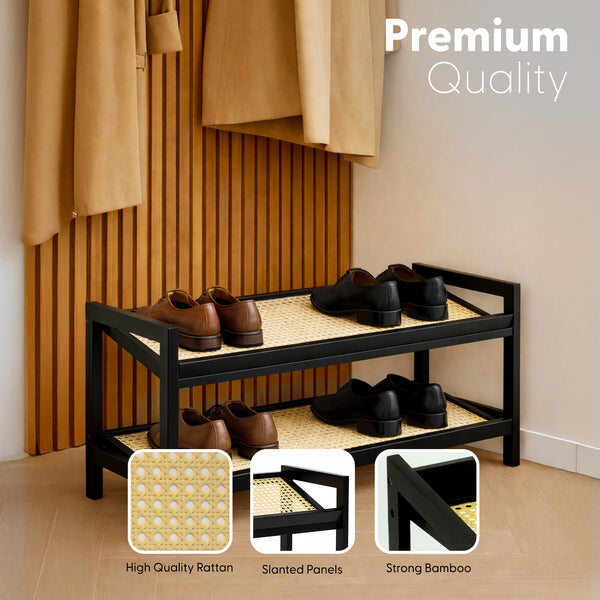 KEPLIN 2/3/4-Tier Bamboo and Rattan Shoe Rack Organizer – Durable, Easy Assembly – Compact Design for Entryway, Closet, or Hallway – Stylish and Functional Storage – Black and Natural