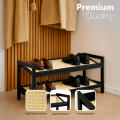 KEPLIN 2/3/4-Tier Bamboo and Rattan Shoe Rack Organizer – Durable, Easy Assembly – Compact Design for Entryway, Closet, or Hallway – Stylish and Functional Storage – Black and Natural