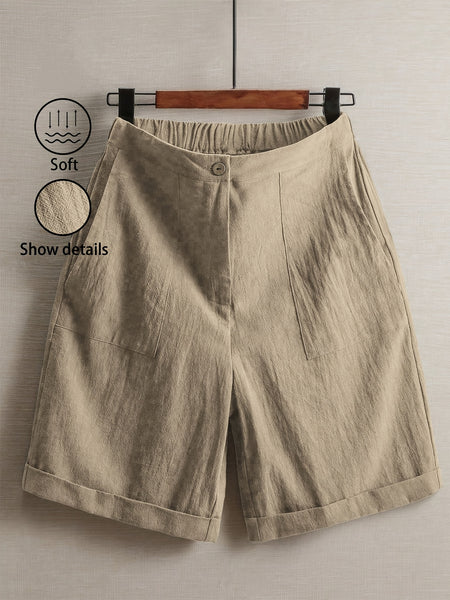 Women'S 100% Linen High Waist Shorts, Elastic Waist Button Front Loose Casual Bermuda Shorts for Daily Commute & Summer Vacation