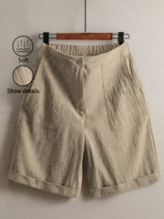 Women'S 100% Linen High Waist Shorts, Elastic Waist Button Front Loose Casual Bermuda Shorts for Daily Commute & Summer Vacation