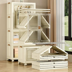 Modern Home Bedroom Armoires, Plastic Installation-Free Multipurpose Locker with Pulleys, Foldable Clothes Storage Cabinet for Living Room Bedroom or Cloakroom, Cream White