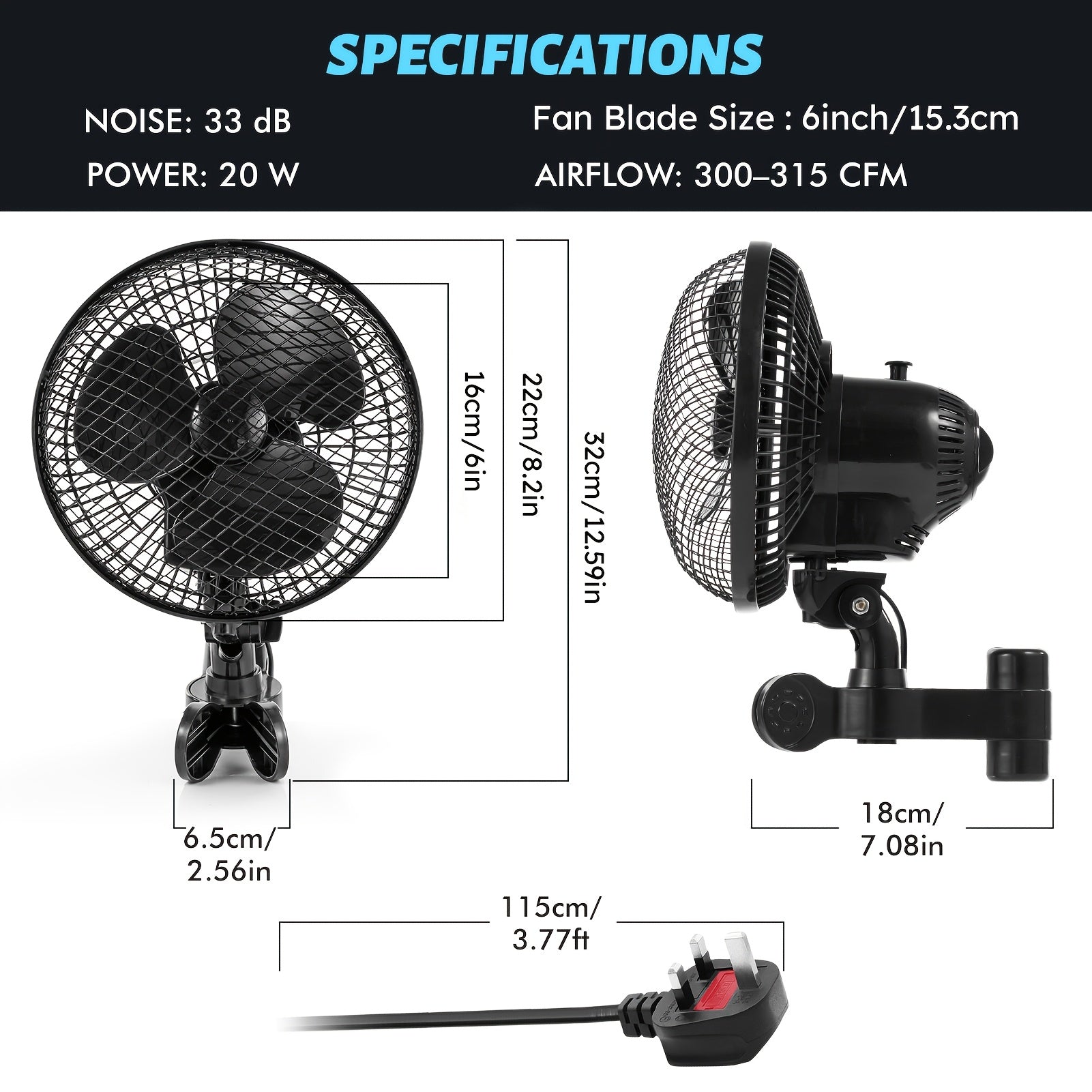 Plant Tent Clip-On Fan, Featuring a Newly Designed Long-Life EC Motor, Dual-Speed Adjustable Fan, 90° Rotation, 22Cm Diameter, Ideal for Hydroponic Systems And Circulation Cooling in Grow Rooms