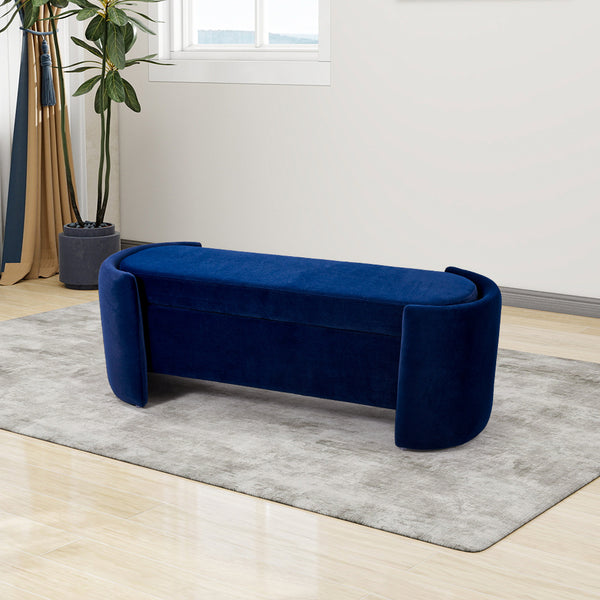 1pc, Blue Velvet Upholstered Storage Bench, Ottoman Storage Box with Seating, Modern Upholstered End of Bed Stool Chair Bench for Bedroom Entryway, Living Room Decor