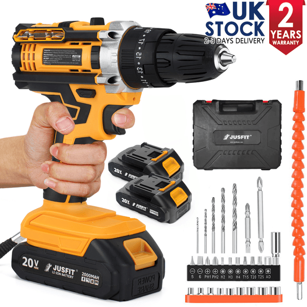 Cordless Combi Hammer Impact Drill Driver Electric Screwdriver & 2 Battery Electric Screwdriver Set 25+3 Clutch, Handheld Cordless Hammer Drill, 29 PCS Drill Bits, LED Light for Home and Garden DIY Project