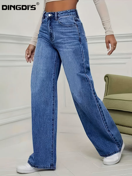 Women'S 2026 Autumn Winter New Stretch Straight-Leg Jeans, High-Waisted Loose Fit Jeans. Washed Blue Denim Trousers with Pockets, Tummy Control Comfort Pants, Elegant Ladies' Outfit, Wide Leg Casual Pants Suitable for Work, Travel And Office Wear
