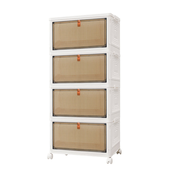 3 4 5 Tier Folding Storage Box, Plastic Collapsible Storage Box with Wheels, Stackable Storage Boxes with Lids and Front Opening Door Stackable Storage Boxes with Lids, 4 Wheels, Sturdy PP Matterial, Foldable Plastic Storage Unit for Toys/Office Supplies/