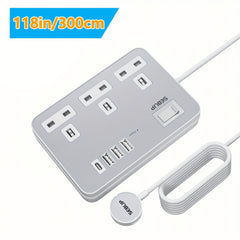 Power Supply 7in 1 Flat Plug Power Socket Outlet Extension Lead, 4 USB Slots Charging Ports Extension Socket, Multi Socket Power Board
