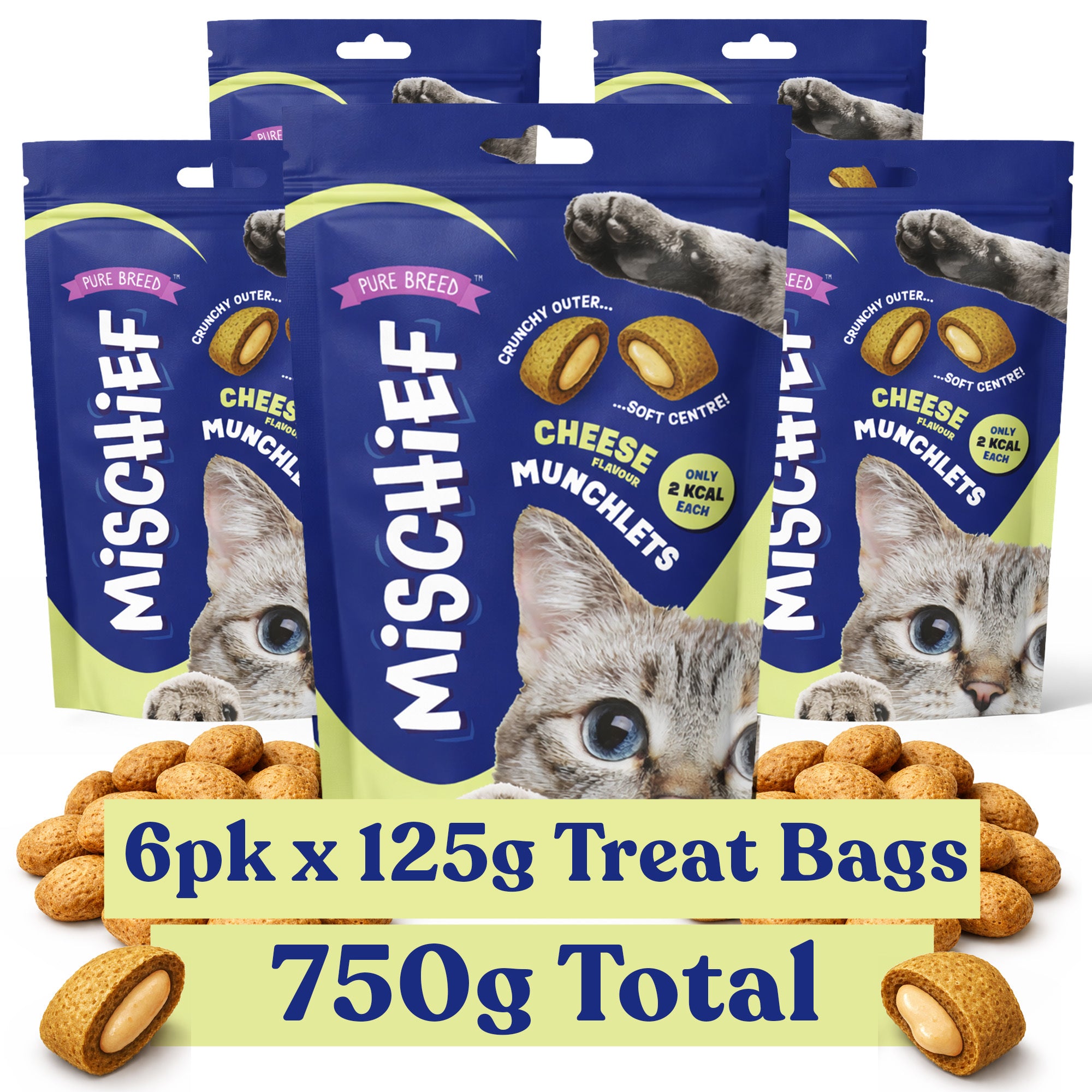 Pure Breed Mischief Cat Treats 6 Pack | Cheese Flavour Pillow Snacks for Cats | Crunchy Outer & Creamy Centre | Low Calorie Cat Bites (Only 2 kcal Each) | Natural Resealable Cat Treat Pouches for Everyday Rewards