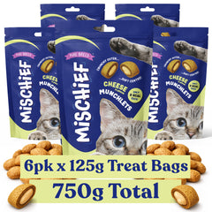Pure Breed Mischief Cat Treats 6 Pack | Cheese Flavour Pillow Snacks for Cats | Crunchy Outer & Creamy Centre | Low Calorie Cat Bites (Only 2 kcal Each) | Natural Resealable Cat Treat Pouches for Everyday Rewards