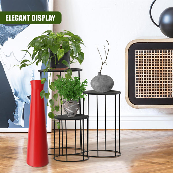 GEEZY Plant Stands Indoor, Set of 3 - Black Round Metal Flower Pot Stand, Aesthetically Pleasing Modern Planter Holders & Decorative Display Rack, Living Room Accessories for Home & Office