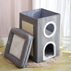 Large 3-in-1 Cat House Cat Cave Cats Foldable Cat Bed - Cozy, Washable & Easy-to-Clean, All-Season Enclosed Pet Nest with Scratching Board, Polyester, Gray with Fluffy Interior for Comfortable Cat Living, Kitten Bed, for Cats Small Dogs41 * 41 * 64cm