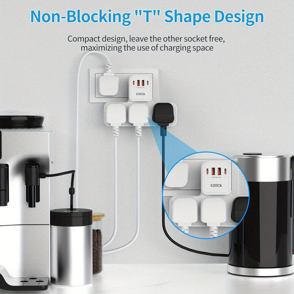 FDTEK 3 Gang Plug Adapter Featuring a 4 USB Extension Socket (Including 2 USB-C), Equipped with Surge Protection And Child Safety, Suitable for Phones, Tablets, And Use in Homes Or Offices, with a Capacity of 13A 3250W