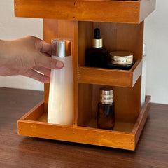Wood Makeup Storage Box - 360-Degree Rotating Display Stand for Lipsticks, Skincare & Jewelry, Multi-Layer Organizer 22.5 * 22.5 * 27.5cm