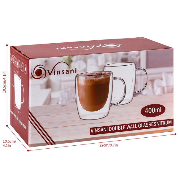 Vinsani Double Walled Coffee Drink Glasses Tea Cup Mug Heat Cold Resistant Aesthetic Clear Borosilicate Glass with Handle Cappuccino Latte Tea Dessert Hot and Cold Drinks