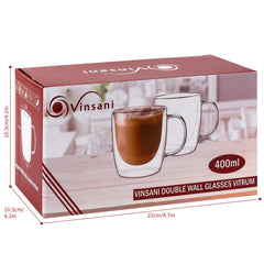 Vinsani Double Walled Coffee Drink Glasses Tea Cup Mug Heat Cold Resistant Aesthetic Clear Borosilicate Glass with Handle Cappuccino Latte Tea Dessert Hot and Cold Drinks