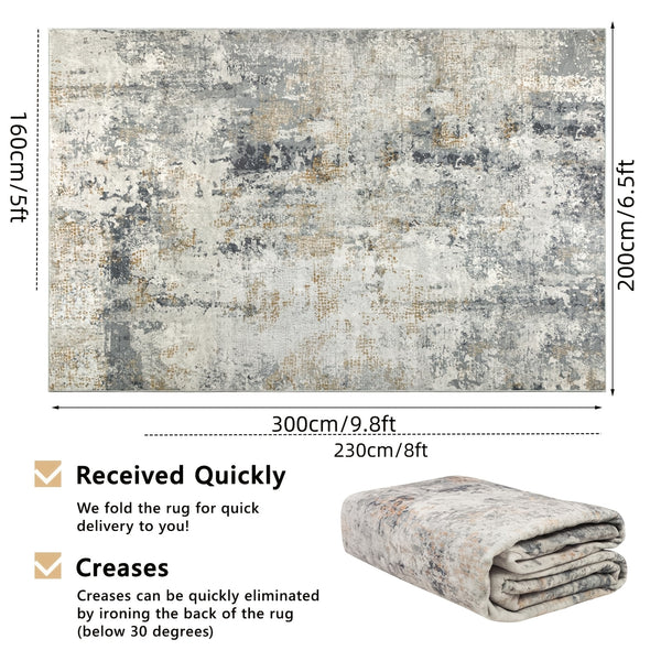 200x300cm Large Modern Abstract Rugs Living Room Non-slip Area Rug Short Pile Faux Bedroom Carpet Lightweight Washable Minimalist Floor Mat for Living Room Bedroom Office Decor, Gray Golden,