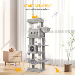 Cat Tree for Indoor Cats, 170cm Large Tall Cat Tower, Multi-Level Cats House with Condo, 8 Scratching Posts, Hammock, 4 Pom Poms