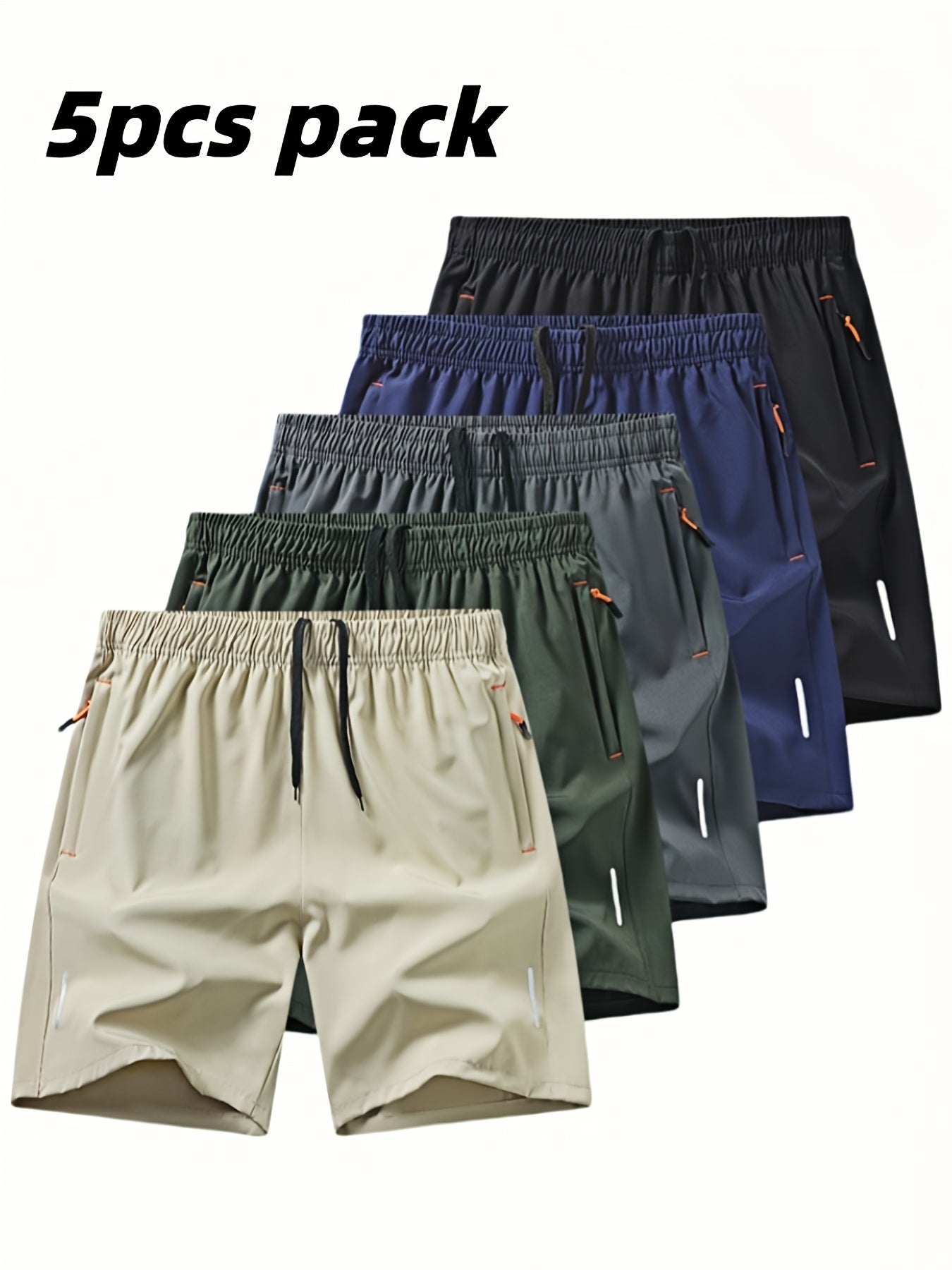 5pcs Men'S Outdoor Sports Quick-Dry Shorts, Breathable Comfort Spandex Blend with Zipper Pockets And Drawstring, Featuring Silvery Reflective Strips, Elastic Waistband, Suitable for Climbing, Tennis, Running, And Outdoor Activities