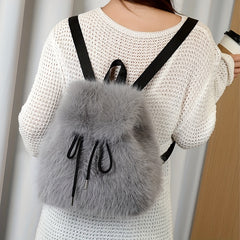 1pc Women's Plush Faux Fur Backpack - Soft Mini Daypack with Adjustable Drawstring Closure & Strap, Golden-Tone-like Black Tip (No-Washable) - Elegant White/Black Mini Bag for,, Travel - Faux-Fur Coat-Like Texture Purse, Bags For Women, Small Backpack For